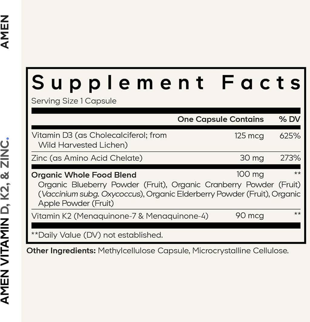 Amen Vitamin D, K2 & Zinc, Cholecalciferol D3 5000 IU, Organic Whole Food Blend with Apple, Blueberry, Cranberry, Elderberry Powder Fruits, Vegan Supplement, D3 K2 Vitamins, Non-GMO - 60 Capsules
