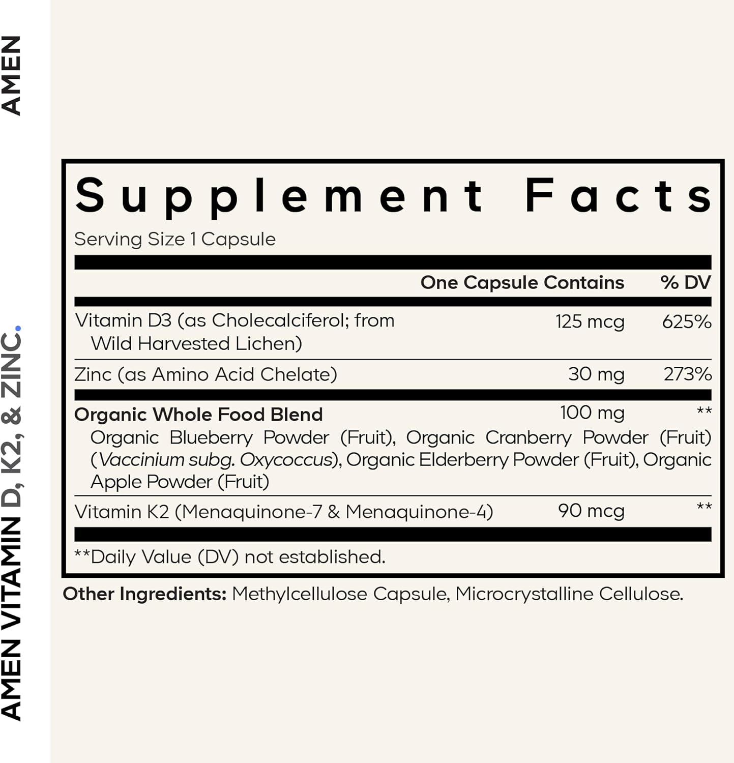 Amen Vitamin D, K2 & Zinc, Cholecalciferol D3 5000 IU, Organic Whole Food Blend with Apple, Blueberry, Cranberry, Elderberry Powder Fruits, Vegan Supplement, D3 K2 Vitamins, Non-GMO - 60 Capsules