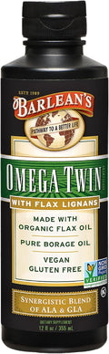 Barlean's Omega Twin Liquid Flaxseed Oil and Pure Borage Oil Supplement with Lignans, 6,010mg ALA and 465mg GLA Omega Fatty Acids from Organic Flax Seed and Cold Pressed Borage Seeds, 12 oz
