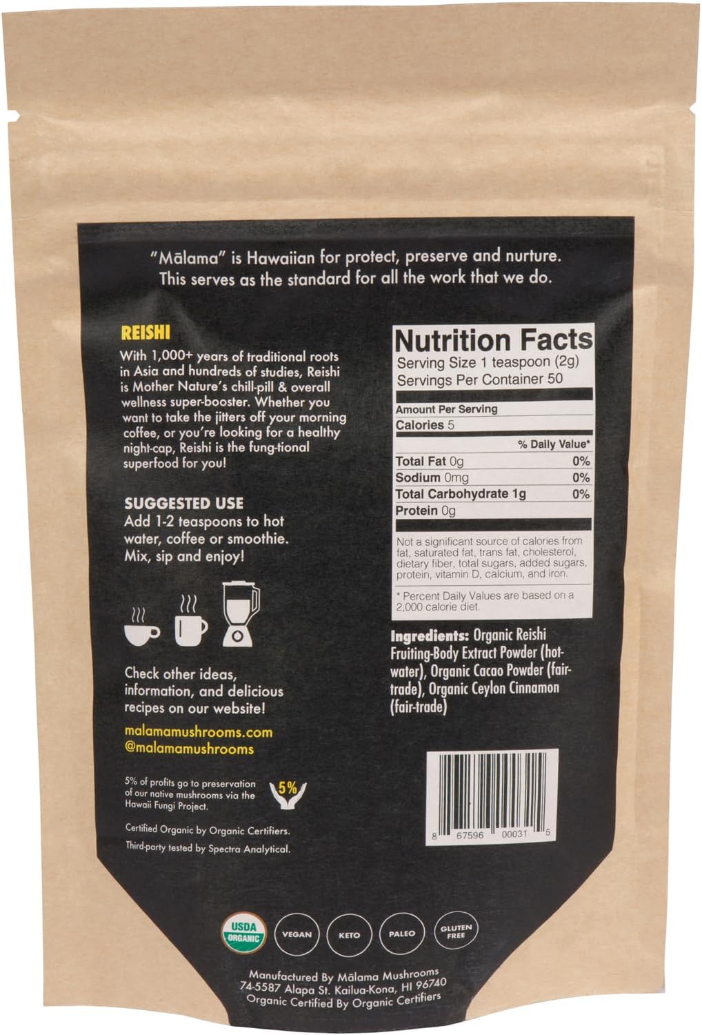 Malama Organic Mushroom Hot Cacao Mix, Reishi Mushroom Powder with Fair Trade Cacao for Immune Support & Relaxation – Vegan Supplement & Superfood, Non GMO, 3.5 oz (50 Servings)