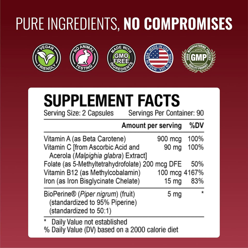 Approved Science Anemiaprin - Absorbable Iron, Vitamin C - Gentle On Stomach - 180 Capsules - 3 Month Supply - Non-GMO, Vegan