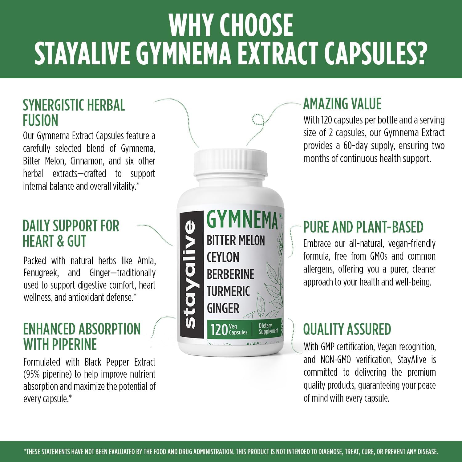 STAY ALIVE Gymnema Sylvestre 25:1 Extract, 120 Capsules with Bitter Melon, Ceylon Cinnamon, Berberine, Turmeric, Ginger, Amla Powder and Fenugreek, Non-GMO & Gluten Free Gymnema Sylvestre Supplement