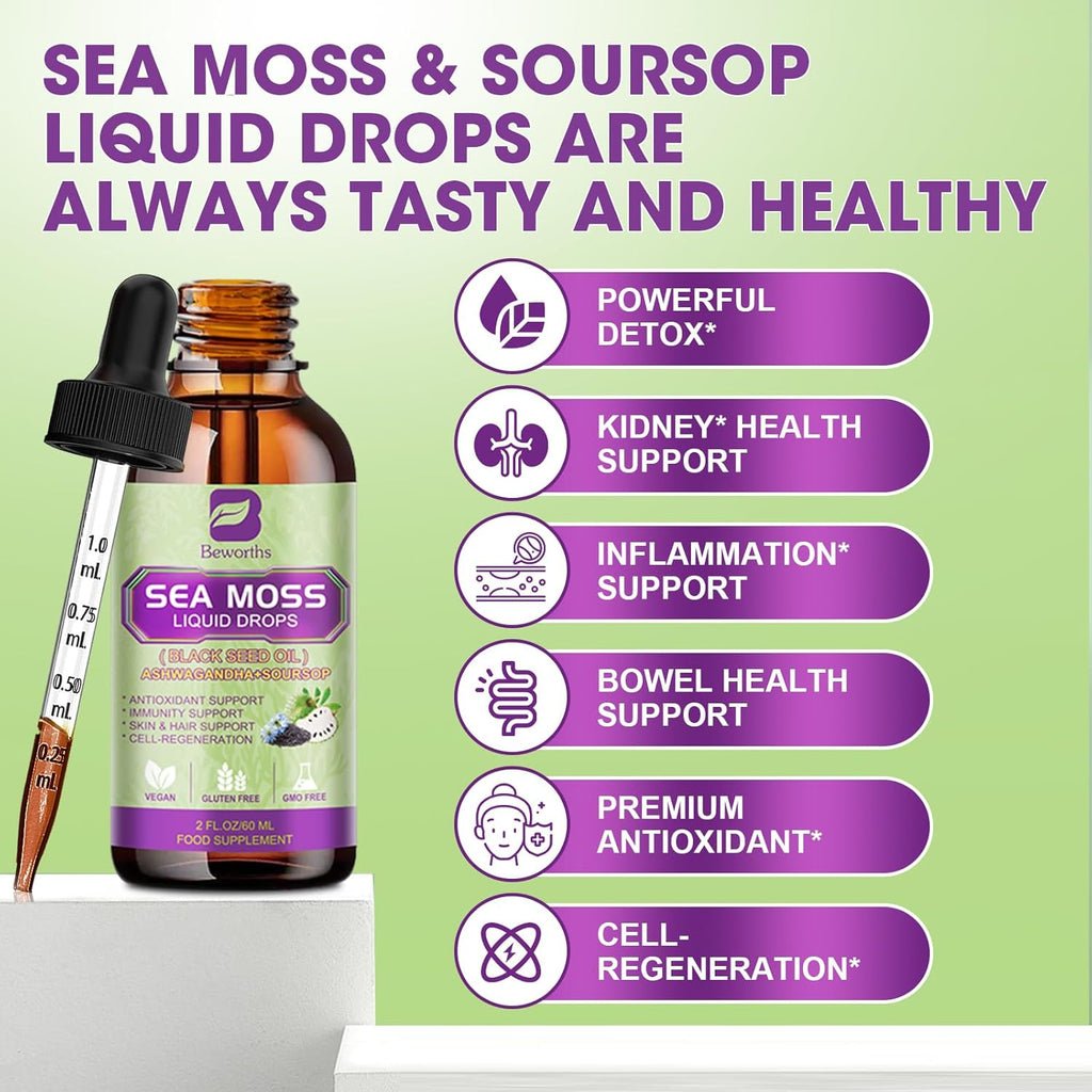 Sea Moss Liquid Drops - Irish Sea Moss & Black Seed Oil with Ashwagandha, Soursop Bitters, Elderberry, Burdock Root, Bladderwrack, Seamoss Supplement Support Antioxidant, Immune, Gut Health