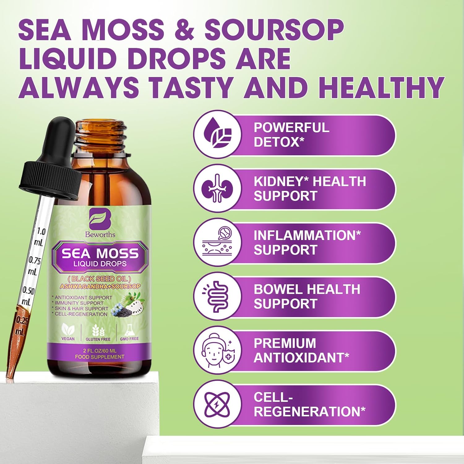 Sea Moss Liquid Drops - Irish Sea Moss & Black Seed Oil with Ashwagandha, Soursop Bitters, Elderberry, Burdock Root, Bladderwrack, Seamoss Supplement Support Antioxidant, Immune, Gut Health