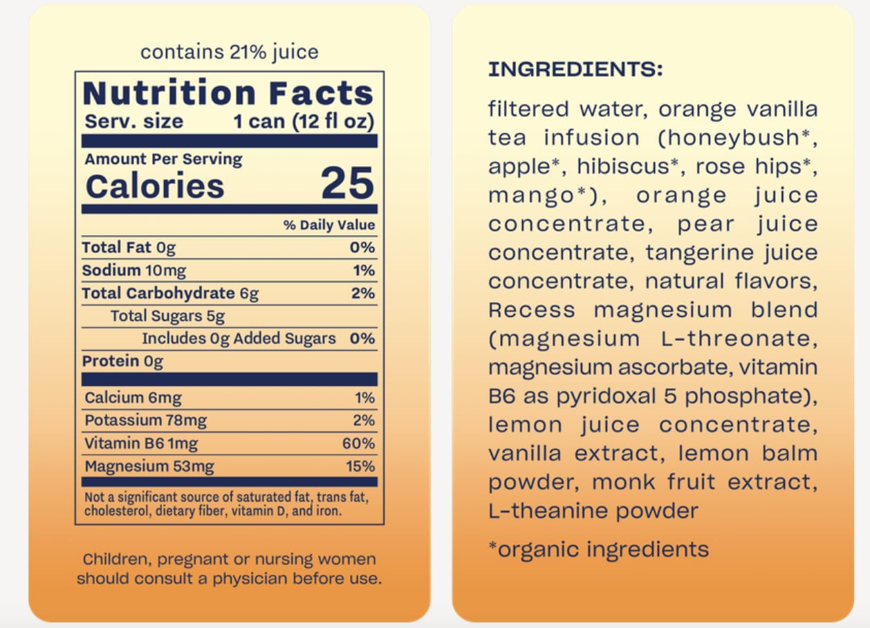 Recess Mood Magnesium Supplement Drink Calming Beverage, 12 Ounce (Orange Vanilla, 12 Pack)