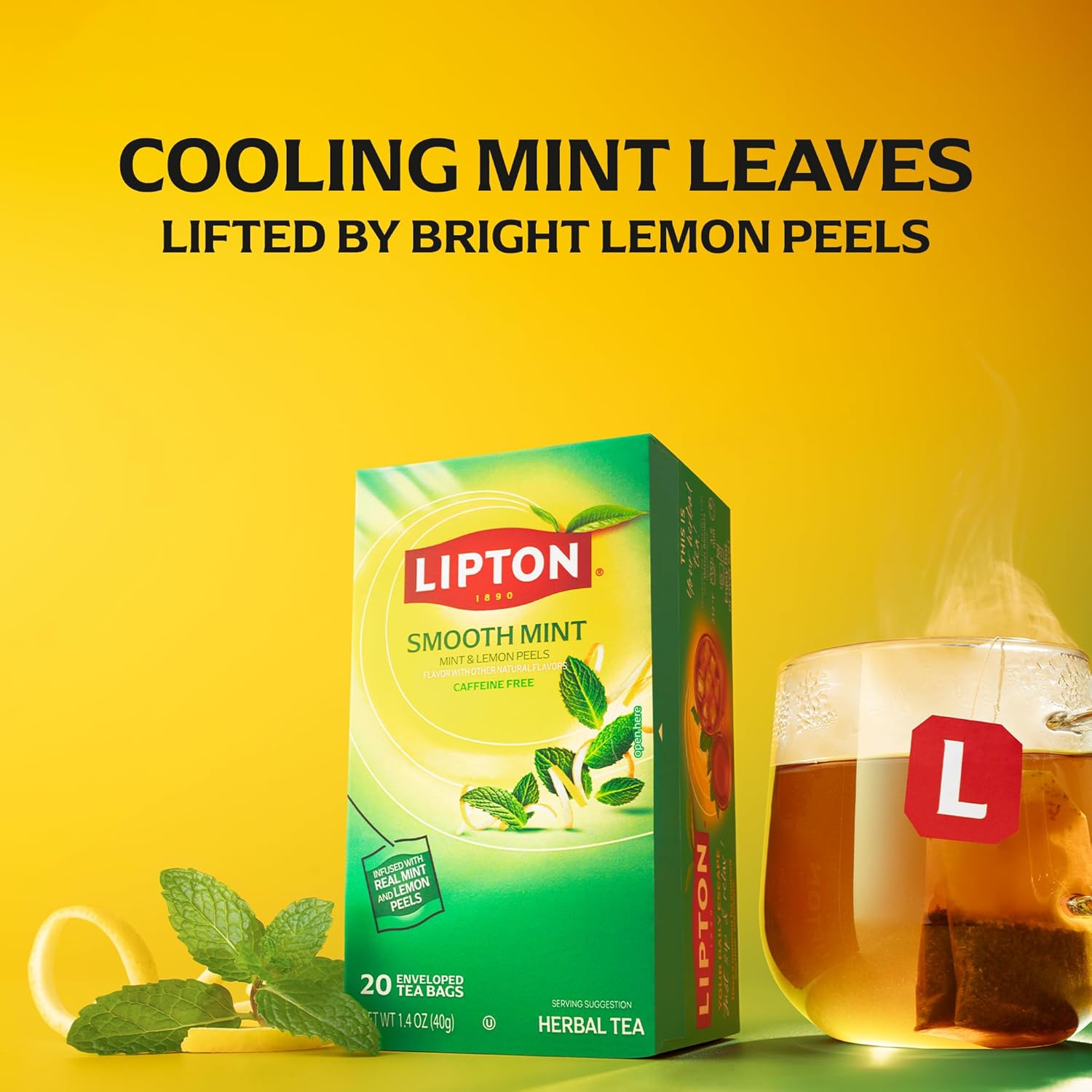 Lipton Smooth Mint with Lemon Peels Tea Bags, caffeine free Tea, Fruit and Herbal Tea, Individually Wrapped, 20 Tea Bags
