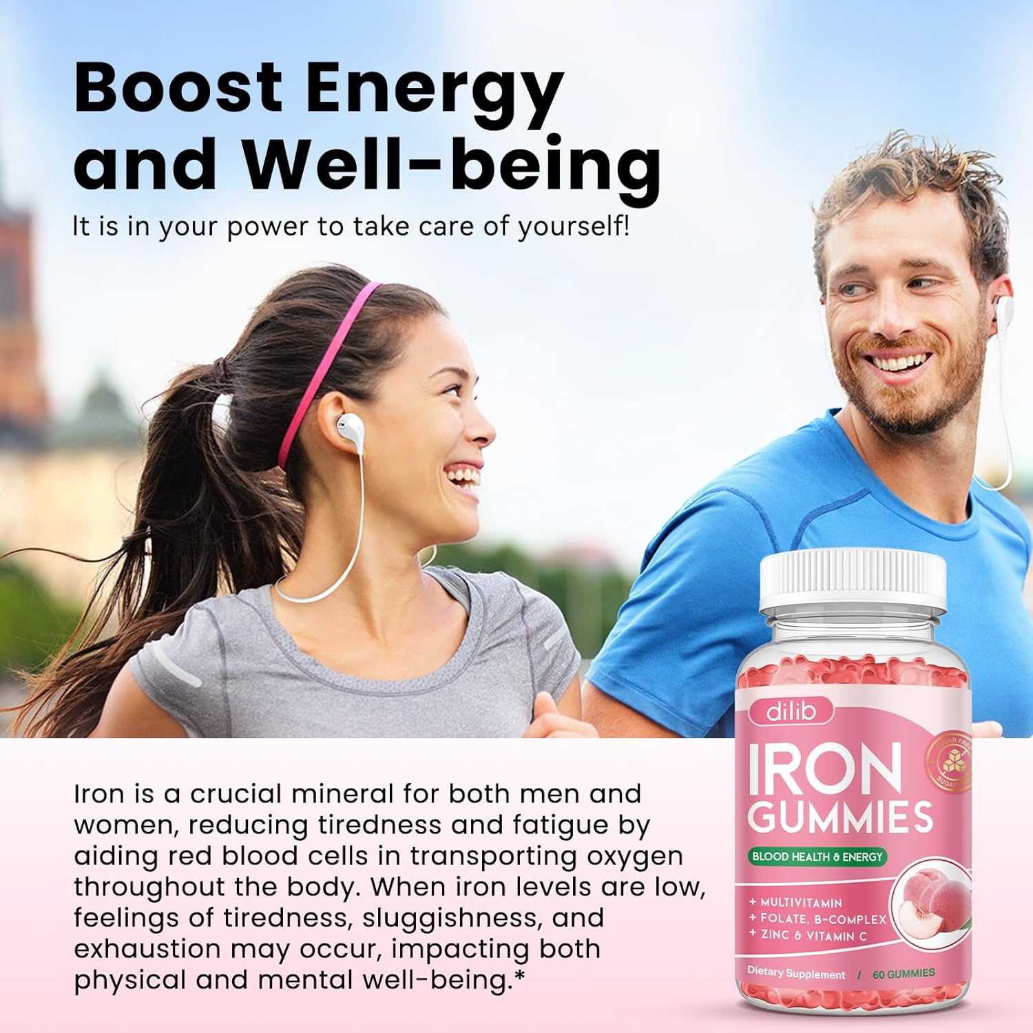 Iron Gummies with Multivitamin, Iron Supplement for Women & Men, Kids Multivitamin with Iron, Zinc, Vitamin B Complex & C, B12, Folate - Blood Builder, Energy Support, Peach Flavor, Vegan 60 Gummies