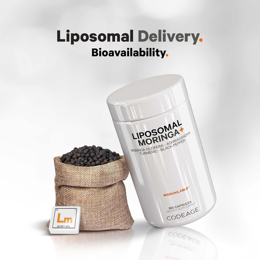 Codeage Liposomal Moringa+ Supplement, 400mg Moringa 50:1 Extract - 20,000mg Moringa Oleifera Leaf Equivalent - Turmeric, Ashwagandha, Black Pepper, 3-Month Supply, Vegan Moringa Powder - 180 Capsules