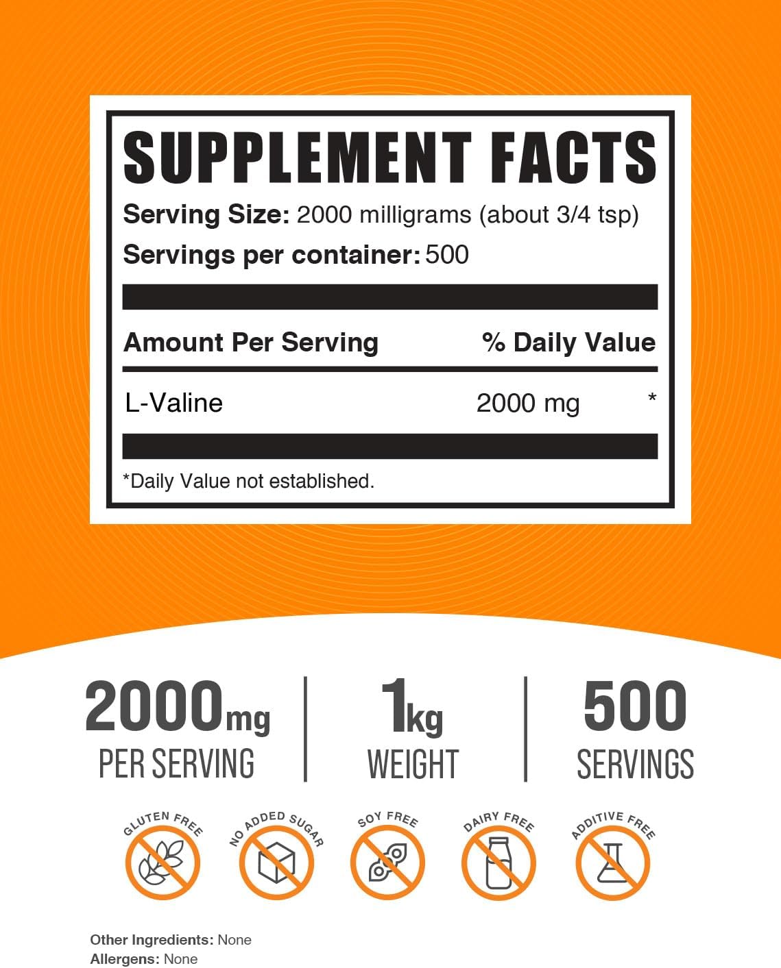 BulkSupplements.com L-Valine Powder - Valine Supplement, BCAA Supplement, Amino Acid Powder - Unflavored & Gluten Free, 2g per Serving, 1kg (2.2 lbs) (Pack of 1)