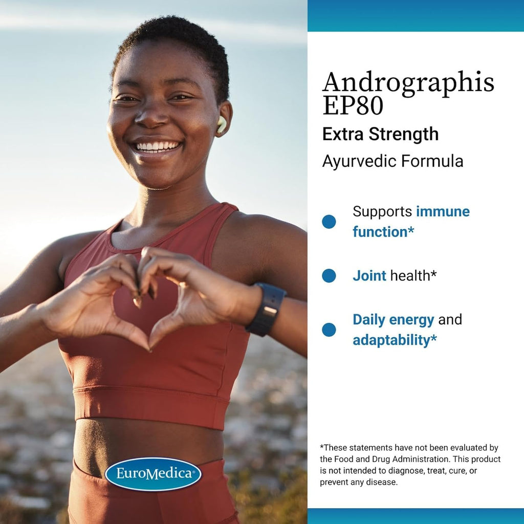 EuroMedica Andrographis EP80 - Supplement for Brain Health & Immune Support - Joint Health Support Supplement to Aid Mobility - Vegan Adaptogen Supplement for Energy & Liver Support - 60 Capsules