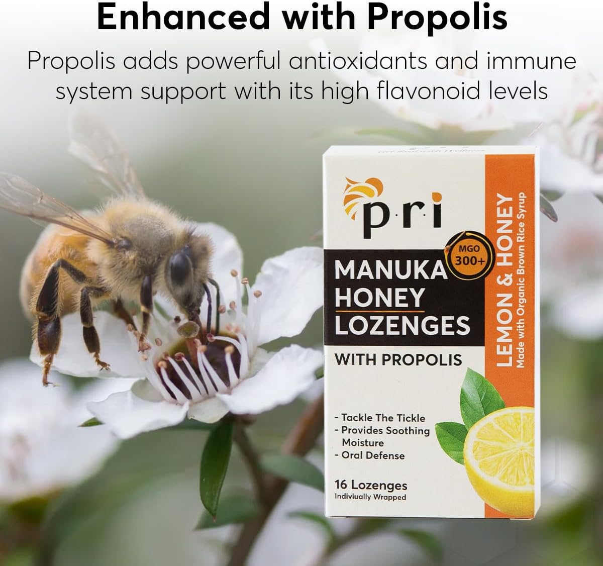 P.R.I Manuka Honey Lozenges with Propolis, Soothing Cough and Throat Drops, MGO 300+ Certified, (Lemon, 16 Count)
