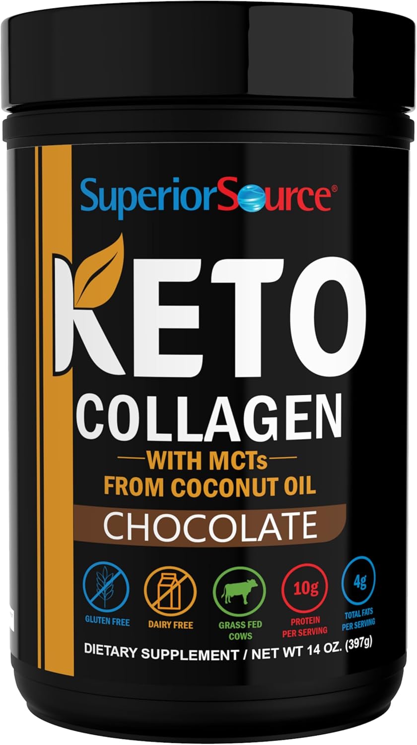 Superior Source Keto Collagen - Collagen Protein Powder with MCT Oil - Supports Hair, Skin, Nails & Joint Health - Dairy-Free - Chocolate, 14 oz