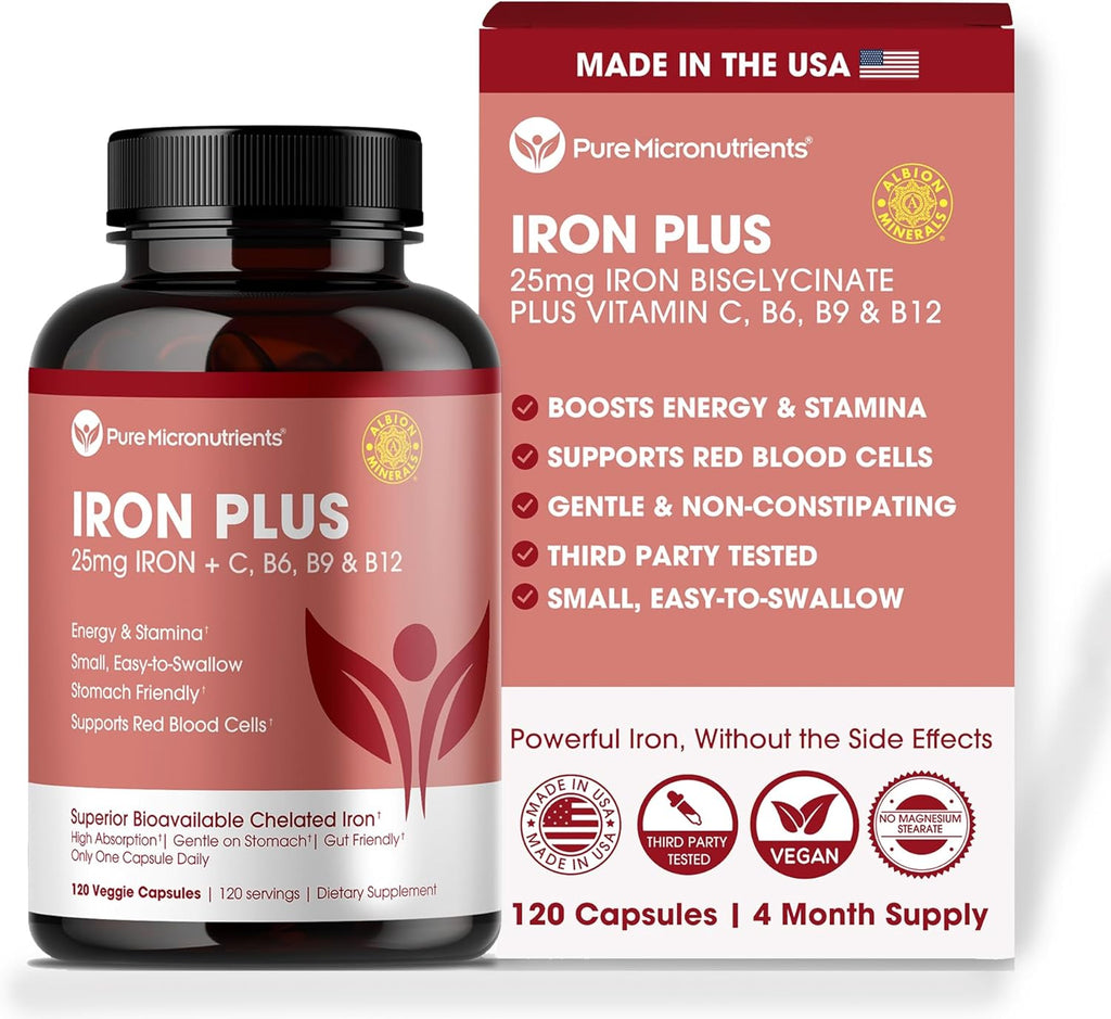 Iron Supplement for Women & Men, Natural Ferrous Chelate, Bisglycinate 25mg + Vitamin C, B6, B12, Folic Acid - IronPills for Iron Deficiency & Energy Support - 120 Count