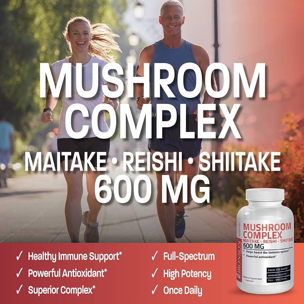 Bronson Triple Mushroom Complex - Maitake - Reishi - Shiitake - Powerful Antioxidant and Immune System Booster - Full Spectrum Mushroom Complex - 600 mg Capsules - 120 Count