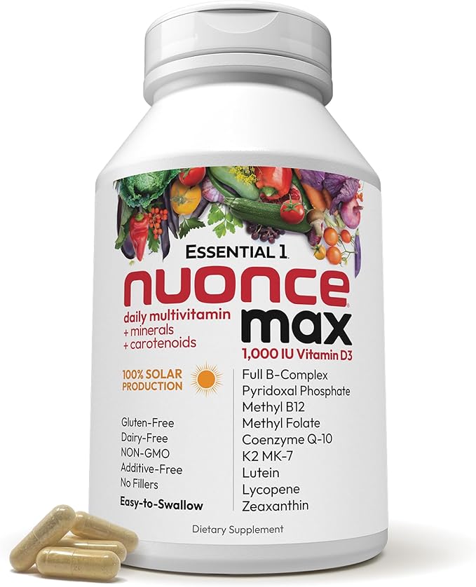 ANDREW LESSMAN Essential-1 nuonce max Multivitamin 1000 IU Vitamin D3 180 Small Capsules. 100 mcg Methyl B12. CoQ10 Lutein Lycopene Zeaxanthin. High Potency. No Additives. Ultra-Mild One Daily Capsule