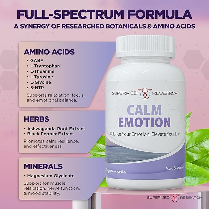 Mood Support Supplement with GABA, Ashwagandha, L-Theanine, L-Tyrosine, L-Glycine, 5-HTP & Magnesium – Supports Relaxation, Mood & Restful Sleep – Non-GMO, Vegan (120 Veg Capsules)