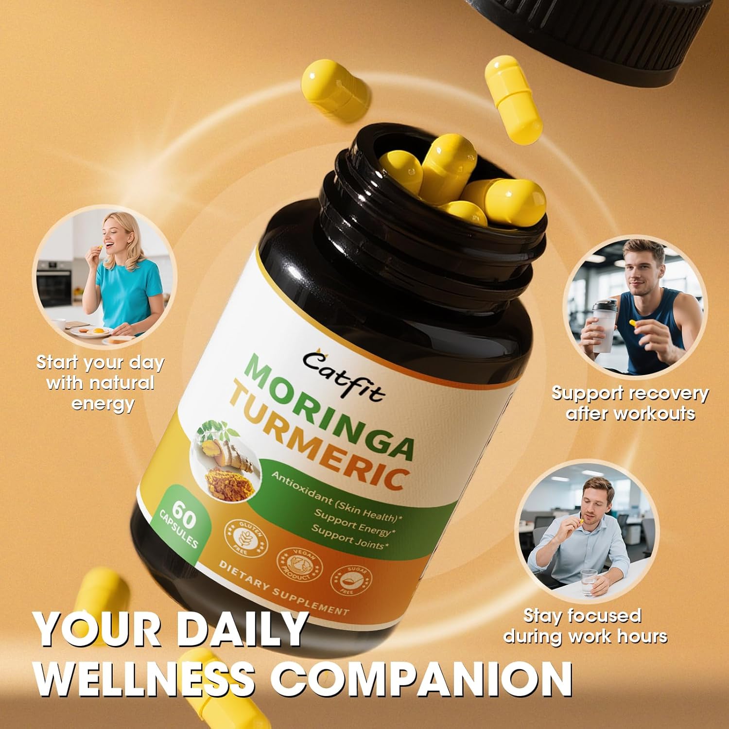 Moringa Capsules with Turmeric Curcumin for Joint, Energy & Gut Support – Moringa Powder with Bromelain & Black Pepper, Superfood Supplement for Men & Women – Vegan, Non-GMO & Gluten-Free, 60 Ct