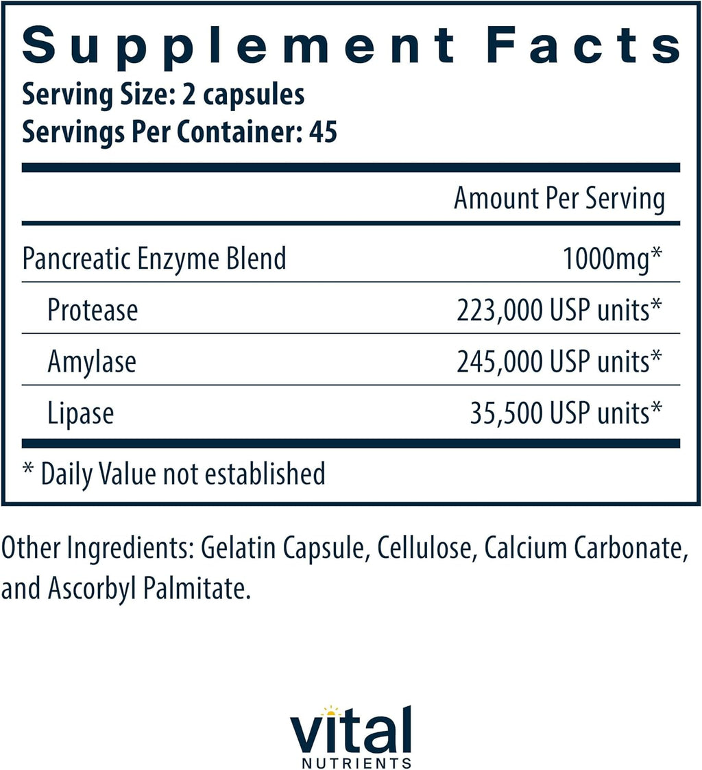 Vital Nutrients Pancreatic Enzymes 1000mg (Full Strength) | Pancreatin Digestion Supplement with Protease, Amylase & Lipase | Digestive Enzymes | Gluten, Dairy, and Soy Free | 90 Capsules
