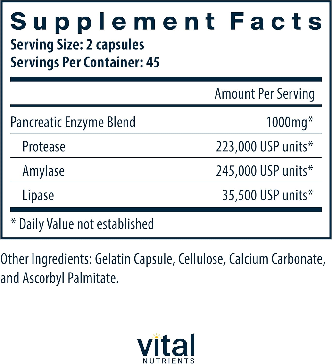 Vital Nutrients Pancreatic Enzymes 1000mg (Full Strength) | Pancreatin Digestion Supplement with Protease, Amylase & Lipase | Digestive Enzymes | Gluten, Dairy, and Soy Free | 90 Capsules