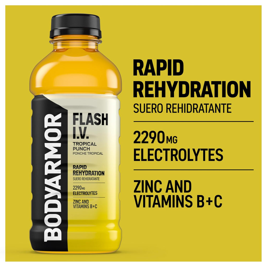 BODYARMOR Flash I.V. Electrolyte Beverage, Tropical Punch, Hydration Drink with Coconut Water For Rapid Rehydration, Post Workout Recovery, 20 Fl Oz (Pack of 12)