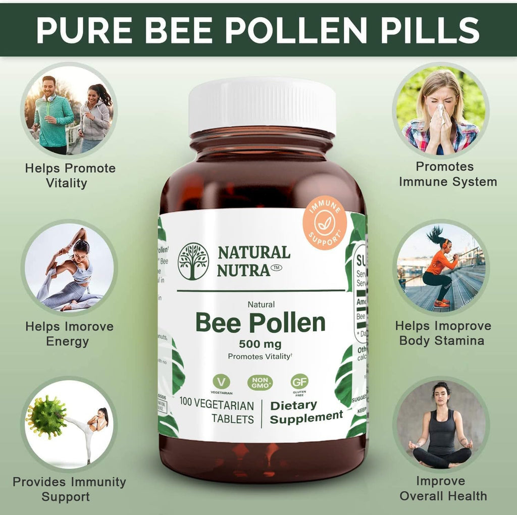 Natural Nutra Bee Pollen 500 mg, Gluten-Free Vegetarian Supplement, Helps Promotes Vitality, Energy Boost, Skin Health, Boost Stamina, Nutritional Supplement, 100 Tablets