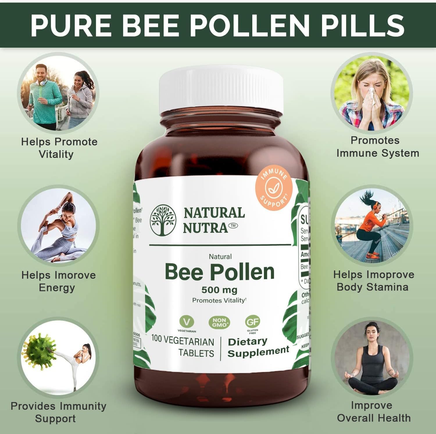 Natural Nutra Bee Pollen 500 mg, Gluten-Free Vegetarian Supplement, Helps Promotes Vitality, Energy Boost, Skin Health, Boost Stamina, Nutritional Supplement, 100 Tablets