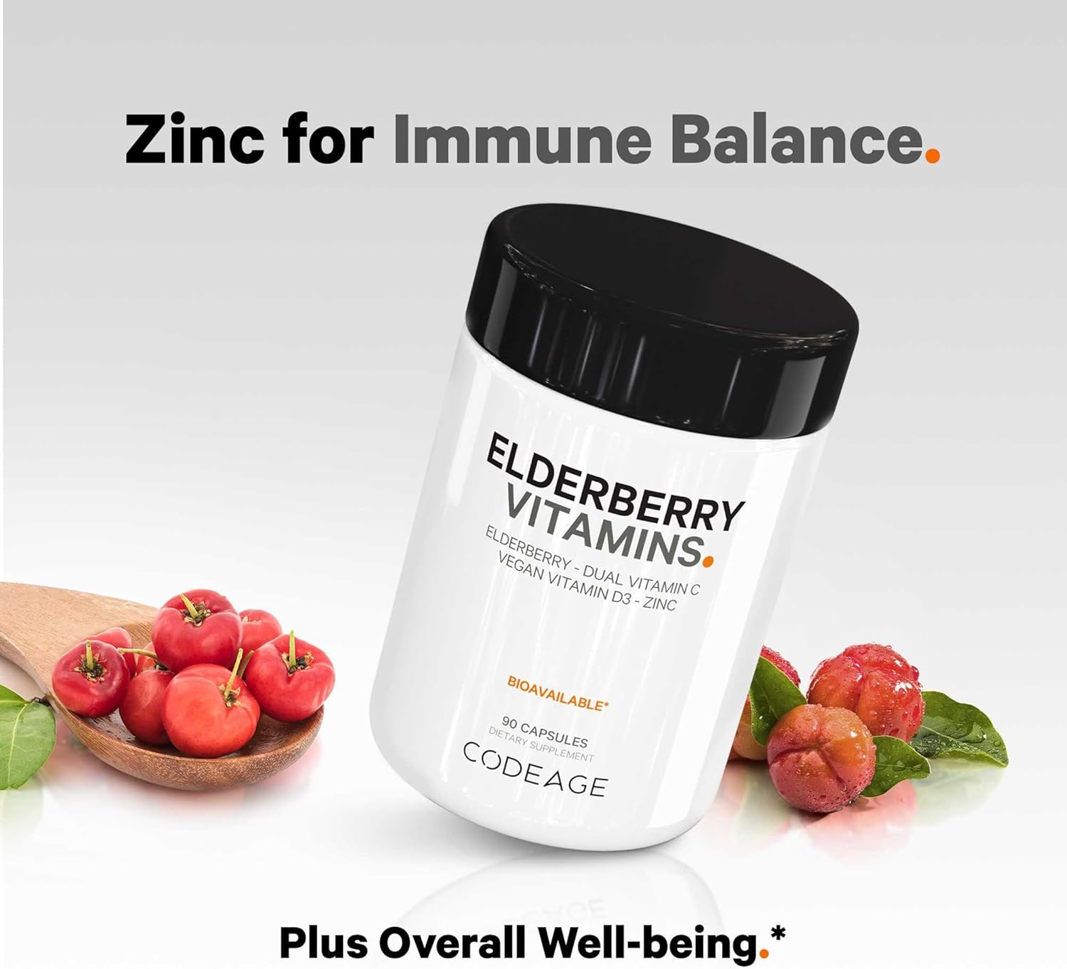 Codeage Elderberry Vitamins - Organic Fermented Elderberry Blend, Vitamin C from Ascorbic Acid & Organic Acerola Cherries, Vitamin D3, Zinc, Sambucus Berries - 90 Capsules