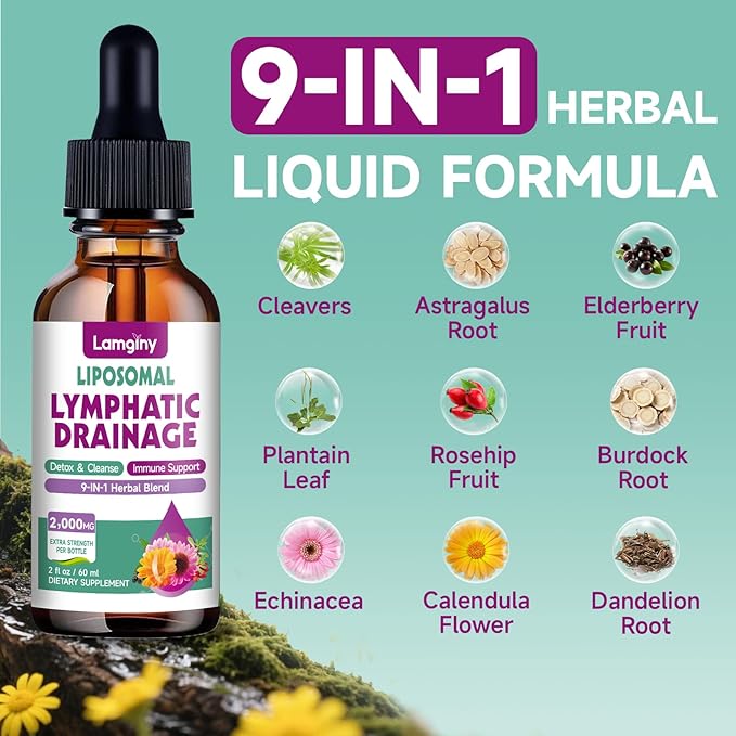Liposomal Lymphatic Drainage Drops, 9-In-1 Lymphatic Drainage Supplements for Detox & Cleanse, with Echinacea, Dandelion, Elderberry, Burdock Root & Cleavers, Immune & Lymph System Support, 2 FL OZ