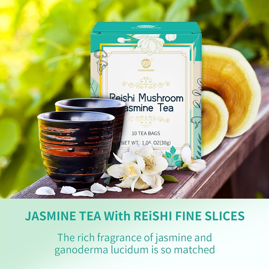 GANOHERB Reishi Mushroom Jasmine Tea, Adaptogen Ganoderma Lucidum Herbal Tea for Immune Health Boost, Stress Relief, Caffeine-Free, No Sugar, 1.06 OZ