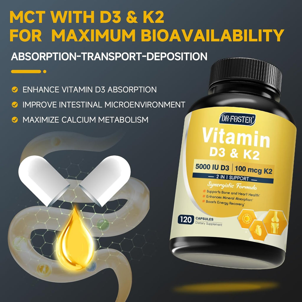 DRFOSTER Vitamin D3 K2 – High-Potency 125mcg D3 (5000IU) & 100mcg K2 (MK7) – Bone Strength, Heart & Immune Support – Enhanced with Zinc, Boron & MCT – 120 Capsules, Non-GMO, Gluten-Free