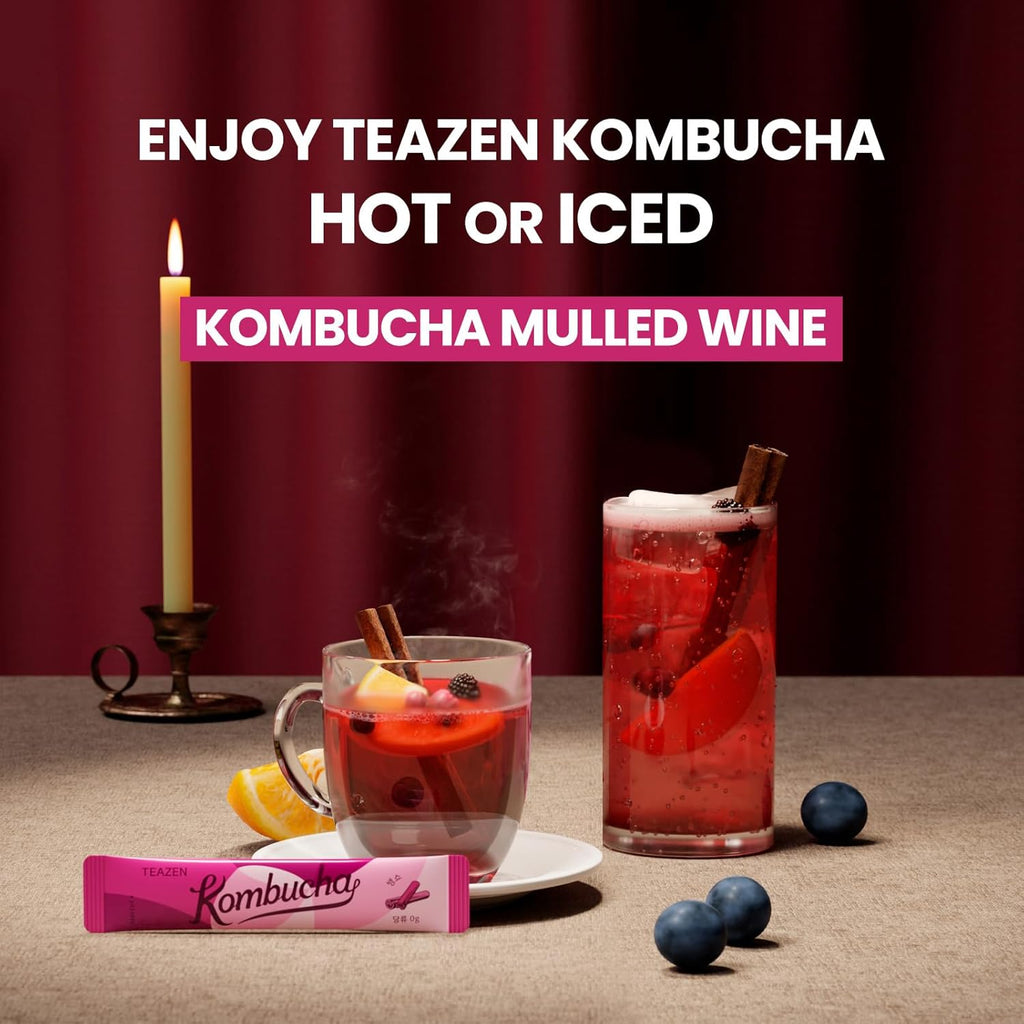TEAZEN Mulled Wine Kombucha Tea, Live Probiotics & Postbiotics, Relaxation and Warmth for Colds and Sore Throat, Electrolyte & Hydration Drink Mix, Sugar Free, 30 Sticks, 5.29oz