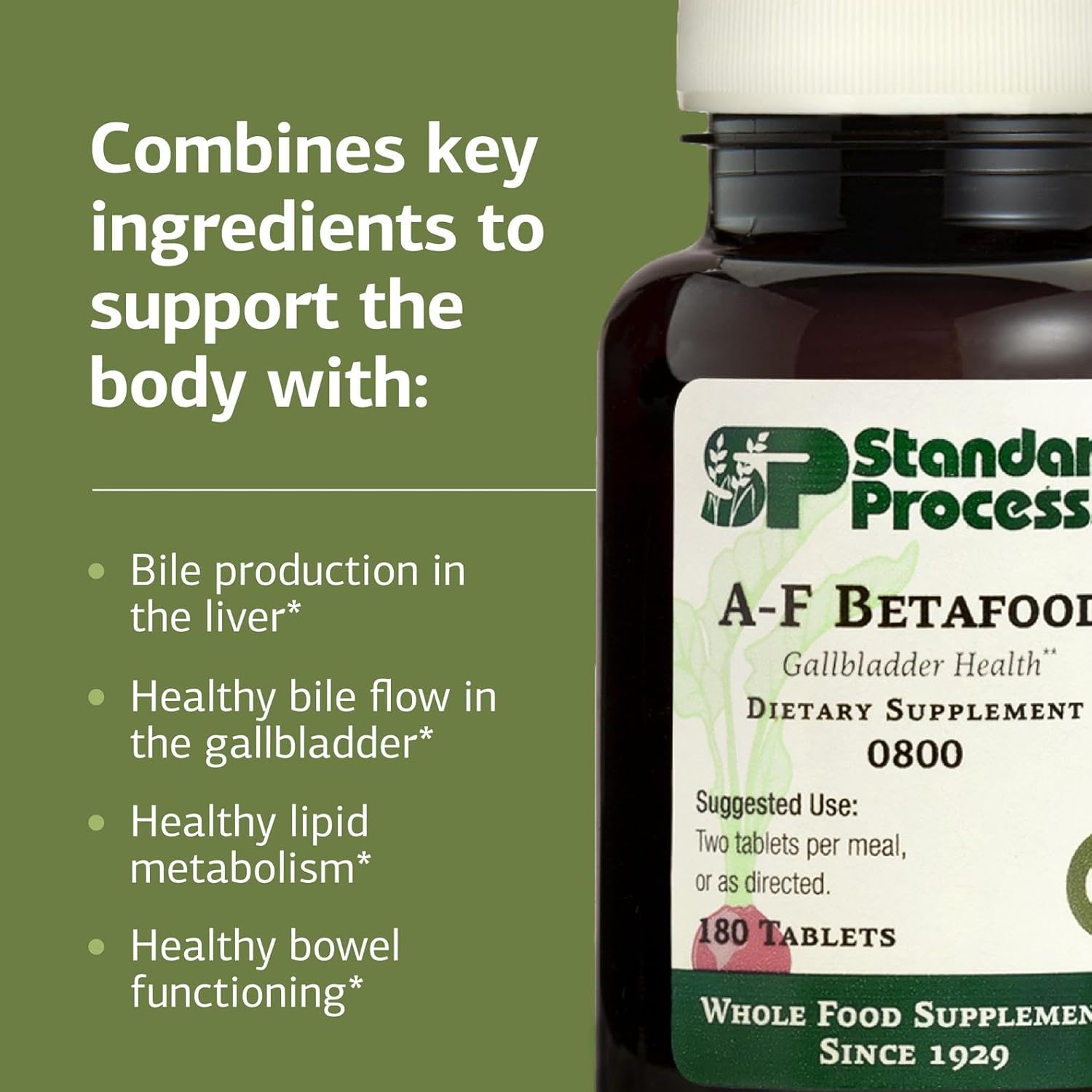 Standard Process Inc. A-F Betafood - Gluten-Free Liver Support, Cholesterol Metabolism, and Gallbladder Support Supplement with Vitamin A, Iodine, Vitamin B6-180 Tablets