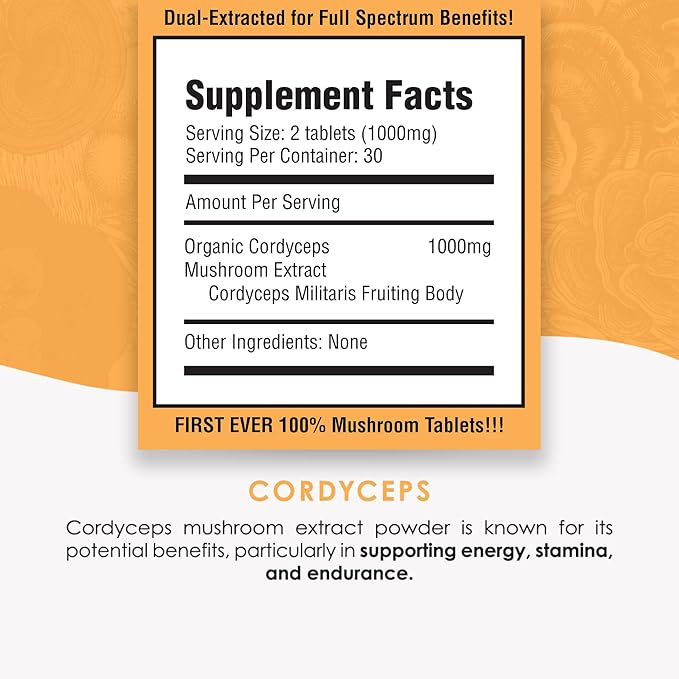 Cordyceps Mushroom Extract Tablets - 30g Monthly Supply - Dual-Extraction Fruiting Body - 35%+ Beta-glucans + Active Compounds - Pure Organic Cultivation - No Fillers or Additives