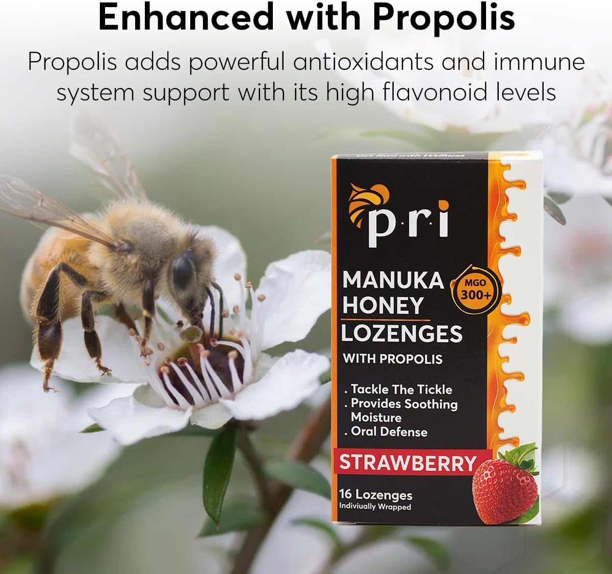P.R.I Manuka Honey Lozenges with Propolis, Soothing Cough and Throat Drops, MGO 300+ Certified (Strawberry, 16 Count)