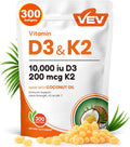 VEV Vitamin D3 K2 10000 IU, 300 Coconut Oil Softgels, Corefeel 2 in 1 Vitamins Supplement D & K (Include MK7), Easy to Swallow, Supports Calcium Absorption, Bone Healthh