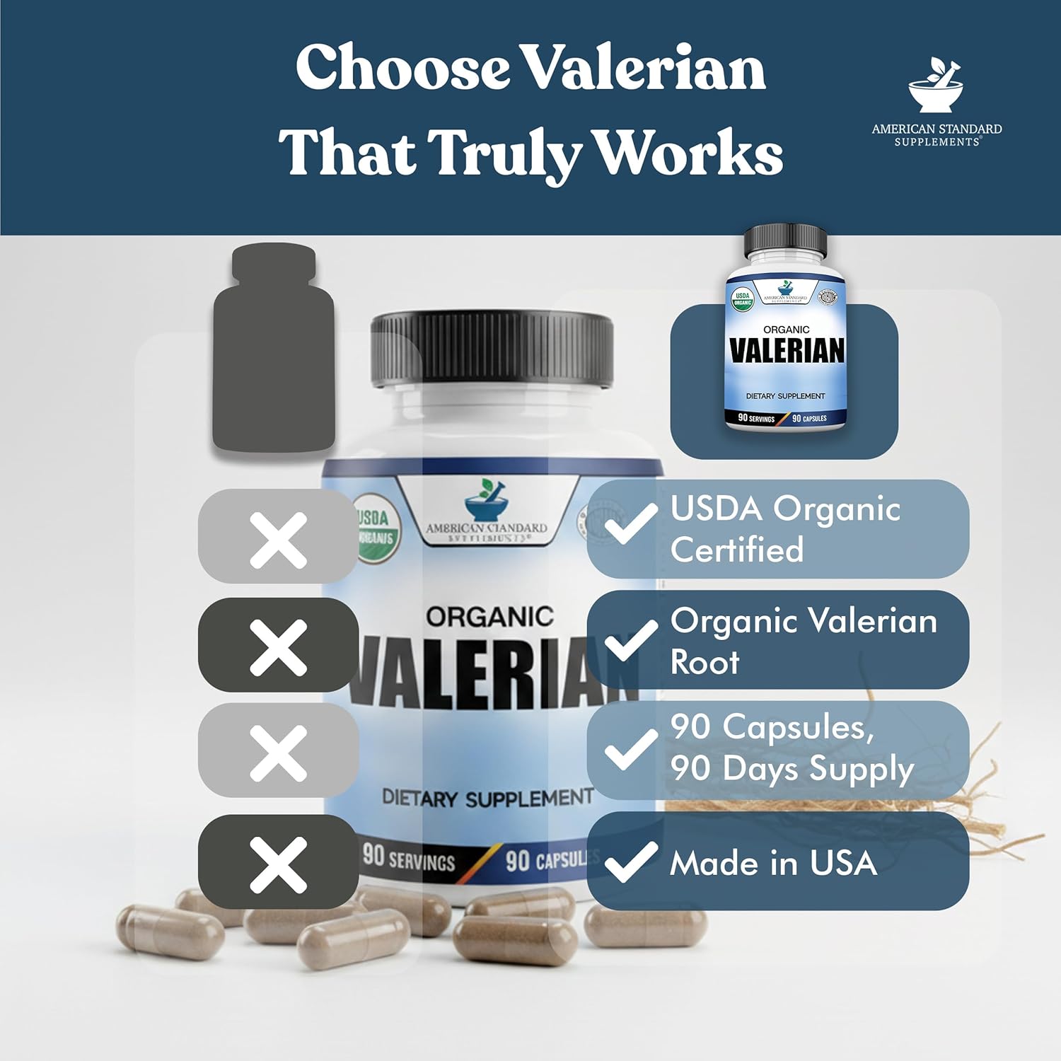 American Standard Supplements Organic Valerian – Vegan, Gluten Free, Non-GMO, 90 Capsules, 90 Servings (Pack of 2)