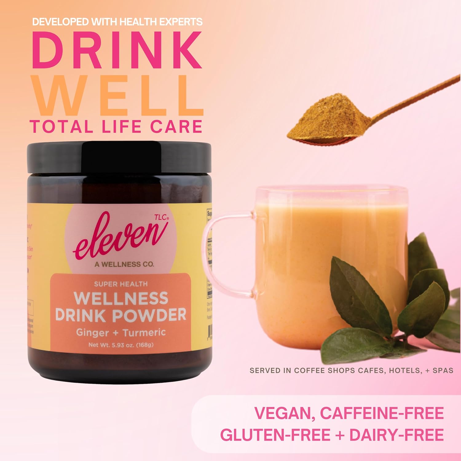 Eleven TLC, Organic Ginger Turmeric Spiced Golden Superfood Instant Latte & Drink Mix, Herbal Ginger Tea, Golden Milk Powder, Moon Cycle Non-Reactive Glass Jar, MD Formulated, 21 Servings