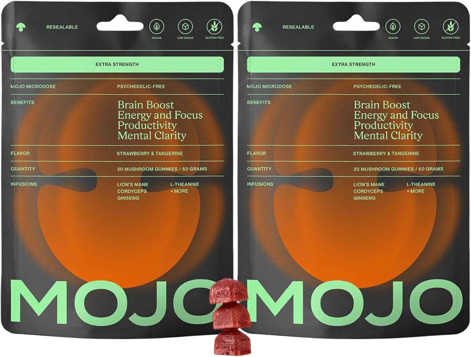 Mojo Focus Gummies with Lion’s Mane, Panax Ginseng, Ginger Root, Cordyceps, SAM-e, and Nootropics, Energy and Focus Supplement, Vegan, Strawberry Tangerine (20 Count - Pack of 2)