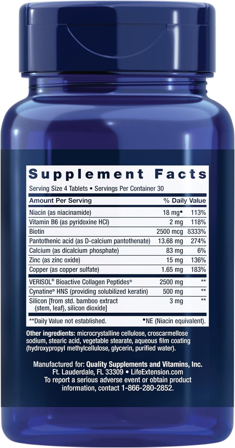 Life Extension Hair, Skin & Nails Collagen Plus Formula - Promotes Collagen & Keratin Health - with Niacin, Vitamin B6, Biotin, Calcium & Zinc - Non-GMO – 120 Count(Pack of 1)