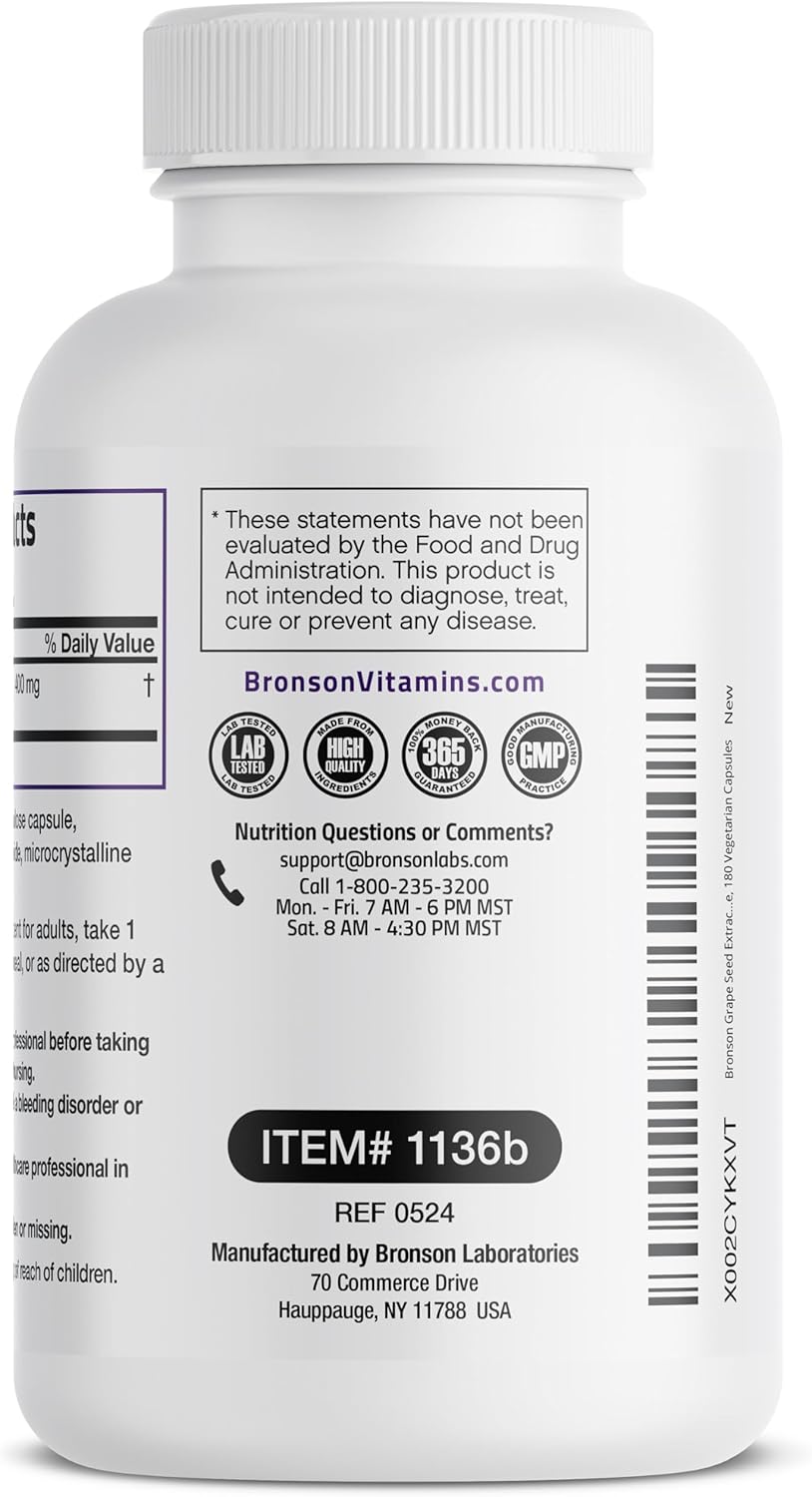 Bronson Grape Seed Extract 400 mg - Antioxidant & Immune Support - Standardized Extract with 95% Proanthocyanidins- Non GMO, 180 Vegetarian Capsules