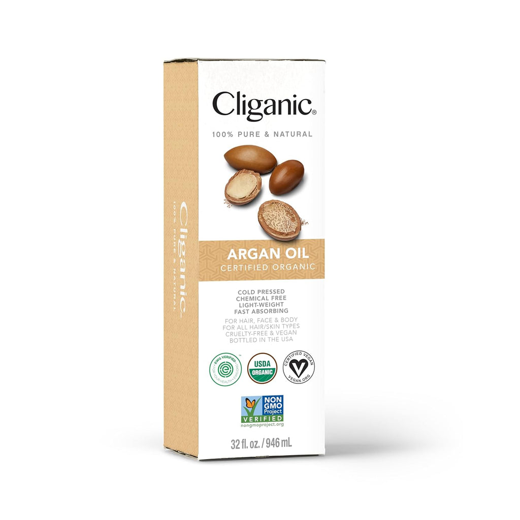Cliganic Organic Argan Oil for Hair, Face & Skin (Bulk, 32oz with Pump) - 100% Pure, Cold Pressed