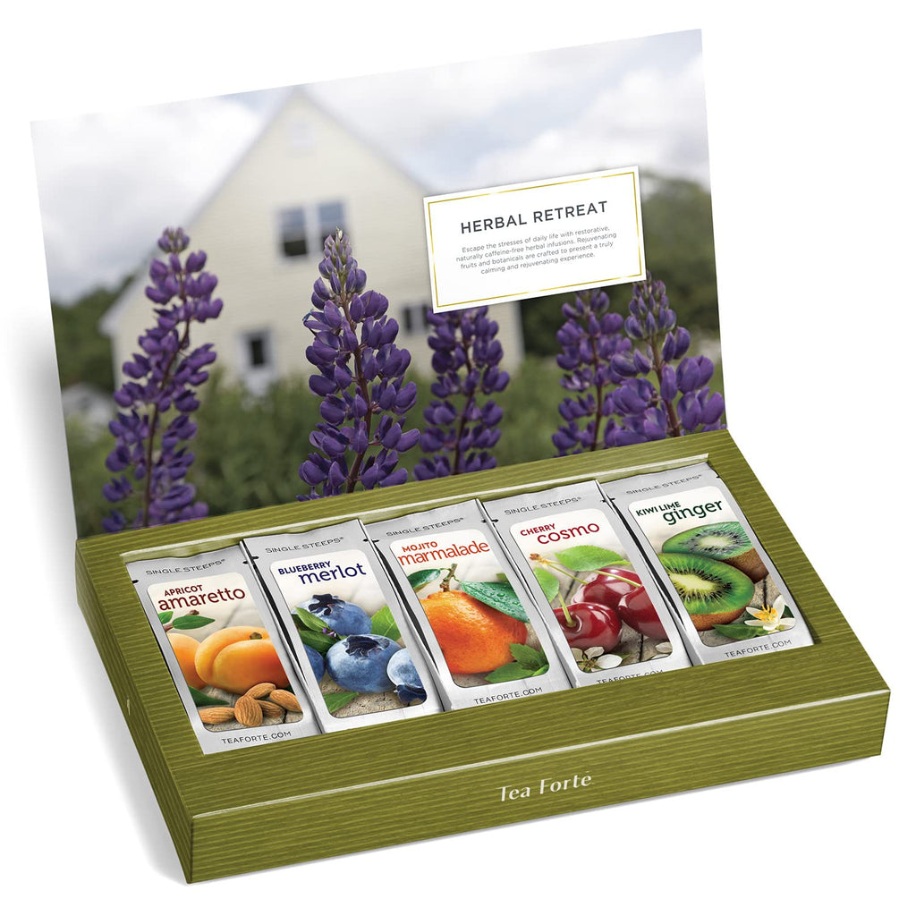Tea Forte Single Steeps Loose Leaf Tea Sampler, Assorted Variety Tea Box, 15 Single Serve Pouches (Herbal Retreat)