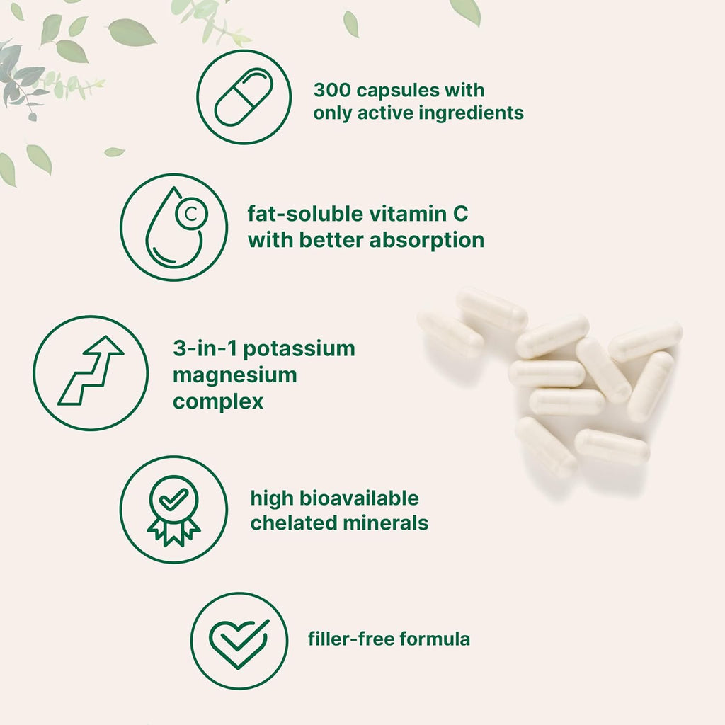 Pure Potassium Supplement with Magnesium Glycinate, 300 Capsules | Enhanced with Fat-Soluble Vitamin C | Chloride + Glycinate Mineral Electrolyte Complex | Only Active Ingredients | Filler Free