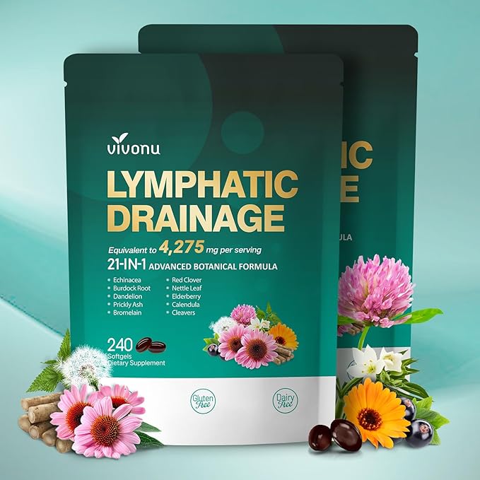 Lymphatic Drainage Supplement, 240 Softgels, 4275mg Lymph System Support Supplement for Women & Men, 21-in-1 Herbal Blend with Echinacea, Dandelion, Burdock, Bromelain, Calendula, Turmeric & More 2Bag