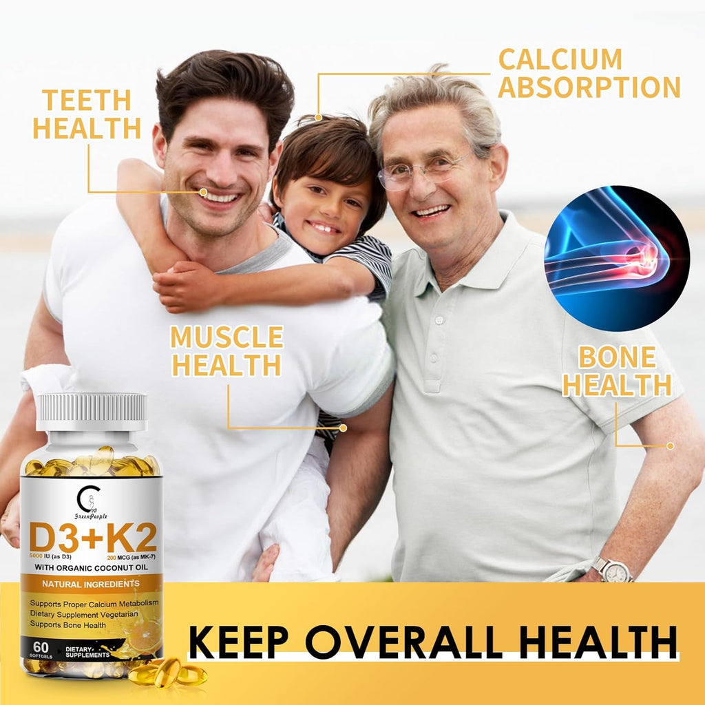 Vitamin D3 K2 Supplement with Vitamin D3 5000 IU, 200 mcg Vitamin K2 MK-7 & Natural Coconut Oil, Plant Based 2-1 Formula for Bone, Teeth, Muscle and Immune Health Support (60 Count (Pack of 1))