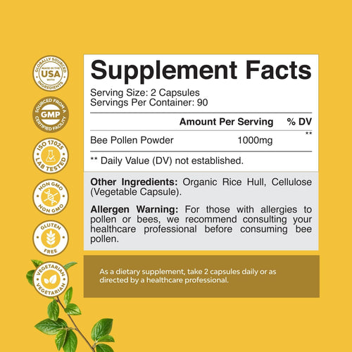 Bee Pollen Pills for Breast Growth 180 Ct - Bee Pollen Supplement 1000mg Serving with Naturally Occurring B Vitamins Minerals & Enzymes - Breast Support Supplement - Vegetarian, Non-GMO & Gluten Free