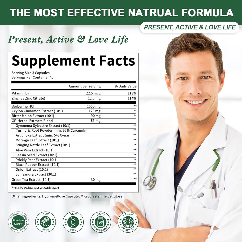 Berberine Supplement with Ceylon Cinnamon - 120 Count Berberine 1500mg Activates AMPK & GLP-1 Berberina HCL with Bitter Melon & Natural Herbs for Immune Support/Energy