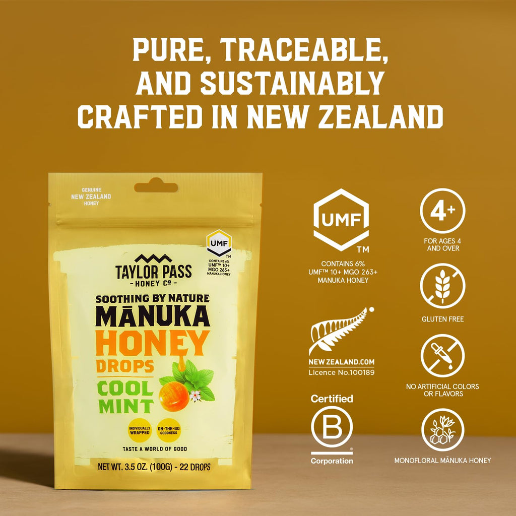 Taylor Pass Honey Co Mānuka Honey Drops UMF™ 10+ | Cool Mint | Mānuka Honey Lozenges | Soothing Natural Manuka On-the-Go | 22 Individually Wrapped Drops | Made in New Zealand