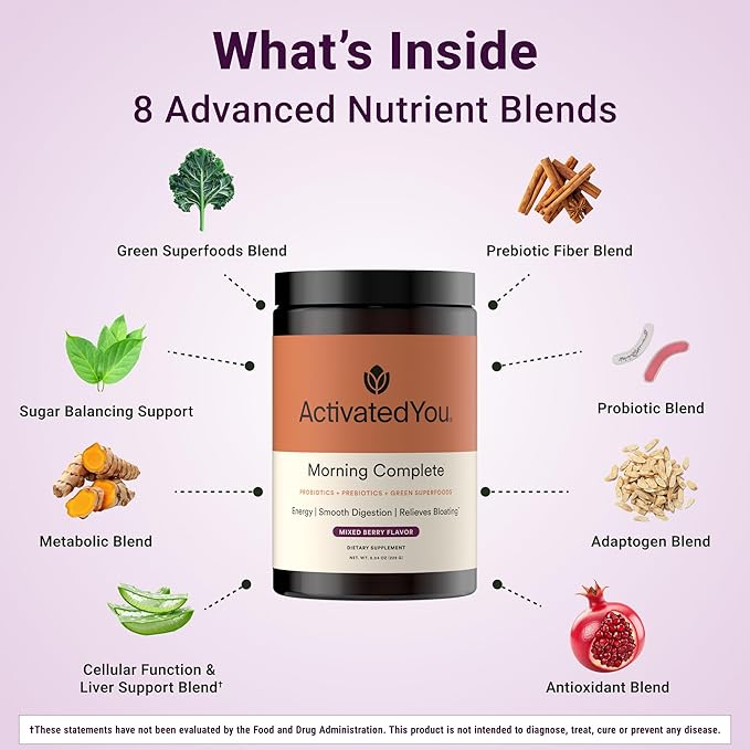 ActivatedYou Morning Complete Super Greens Powder Drink Mix - Gut Health Boost with Prebiotics, Probiotics, & Antioxidants - 10 Billion CFUs, Mixed Berry Flavor Greens Superfood Powder - 30 Day Supply