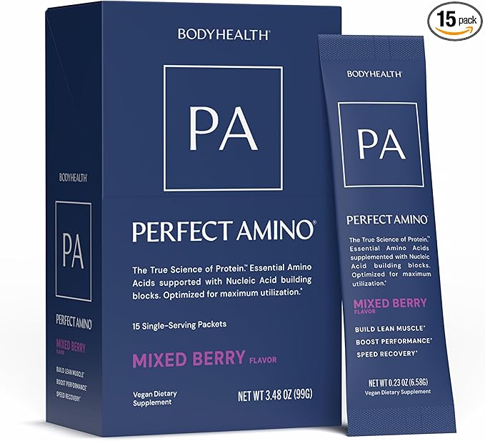 BodyHealth PerfectAmino Powder - BCAA and EAA Powder for Pre and Post Workout - Amino Acid Energy Drink for Men and Women to Support Lean Muscle and Recovery - Mixed Berry - Stick Packs - 15 Servings
